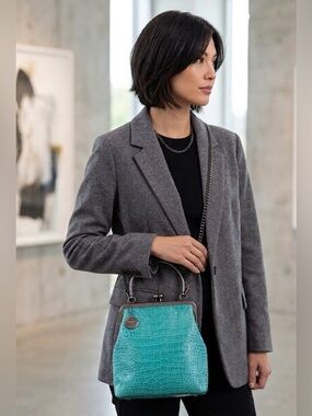 Patricia Nash Laureana Leather Kiss-Lock Frame Satchel Aqua Croc Embossed NWT